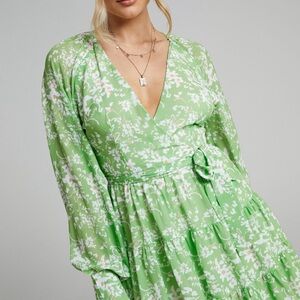 Showpo Green and White Wrap Sundress with Bishop Sleeves